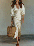 Elegant Boho Wrap-Style Waist Fitted Midi Dress