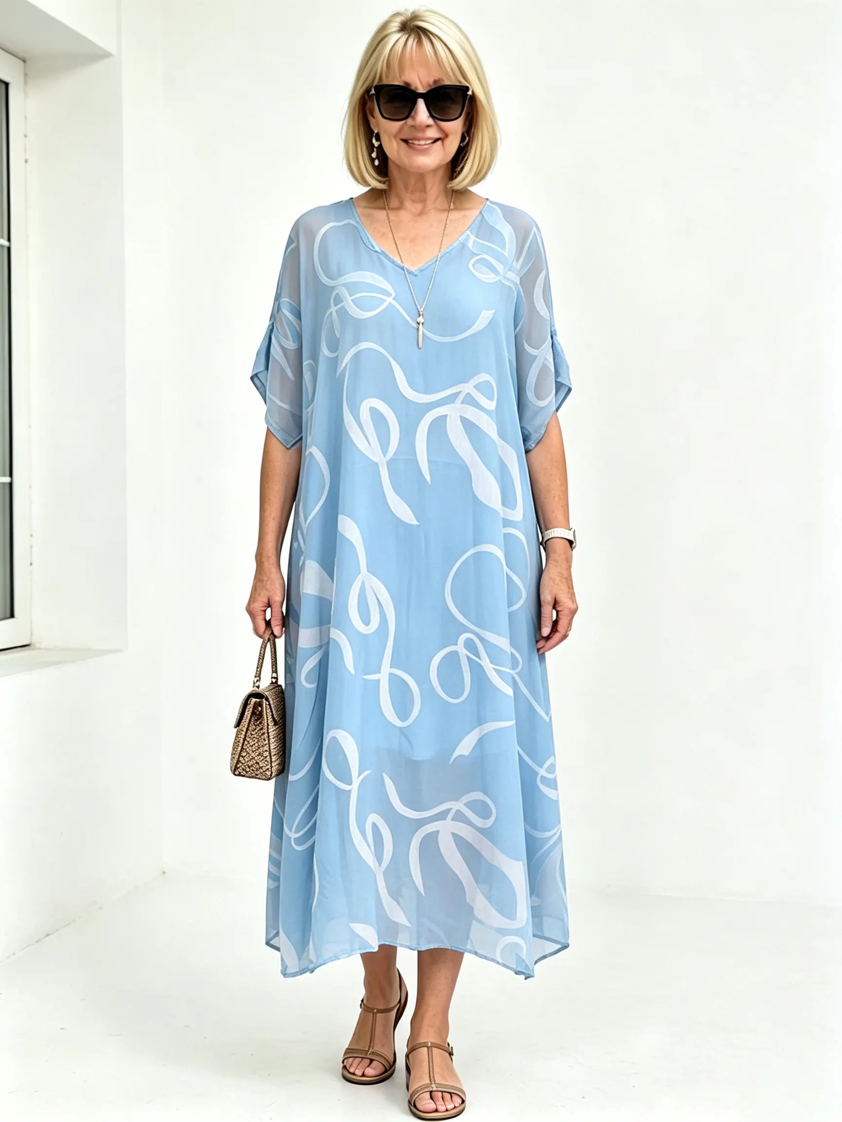 Black Abstract Print Chiffon Midi Dress, V-Neck Short Sleeve Loose Tummy Concealing Back Tie Vacation Dress for Mature Women