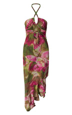 Olive Orchid Print Chiffon Frill Maxi Beach Dress