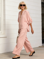 2Pcs Women's Casual Loose Solid Color Zipper Round Neck Wide-leg Pants Suit Women