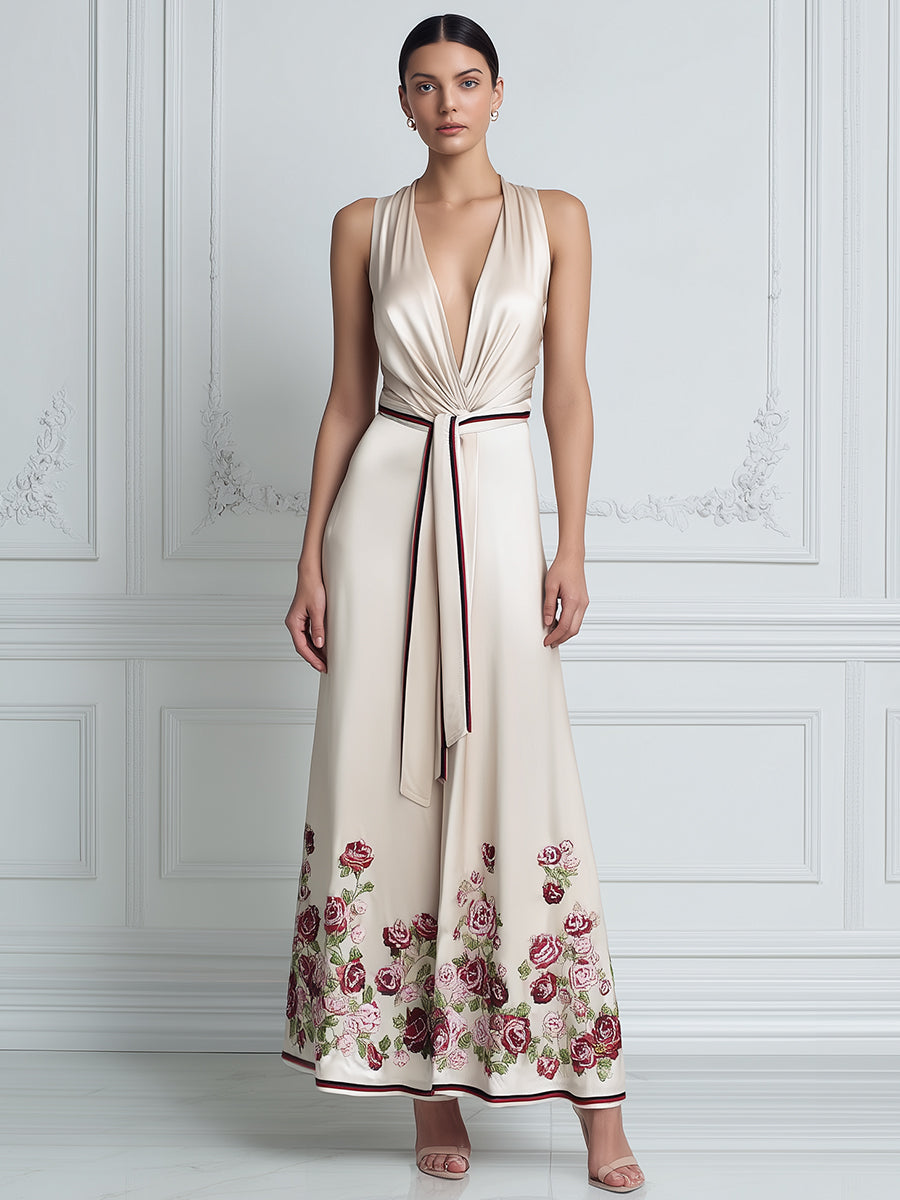 Deep V-Neck Draped Waist Floral Hem A-Line Maxi Dress