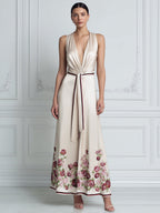 Deep V-Neck Draped Waist Floral Hem A-Line Maxi Dress