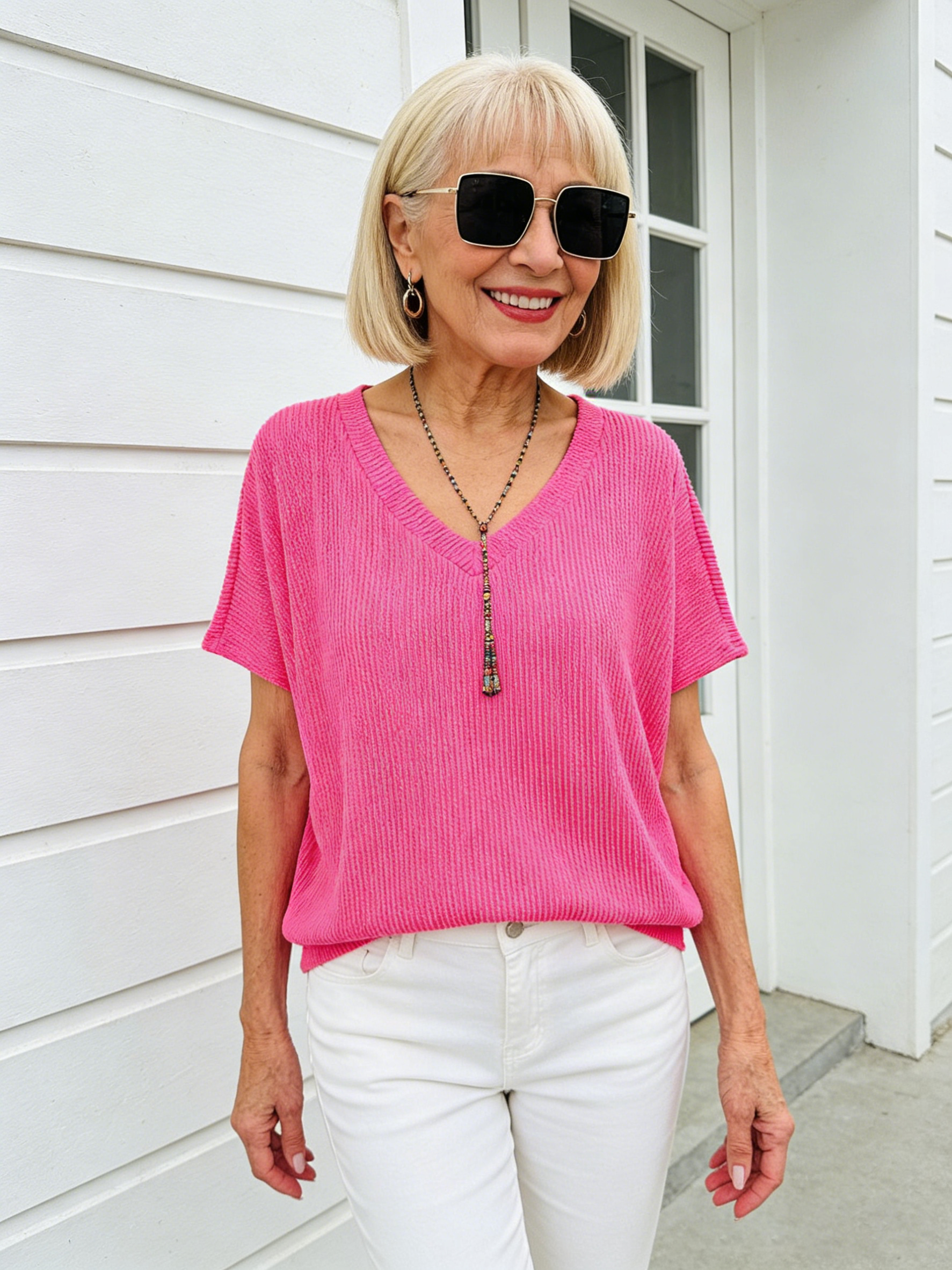 V-neck Threaded T-shirt Casual Small Loose Short-sleeved Top Women's Clothing