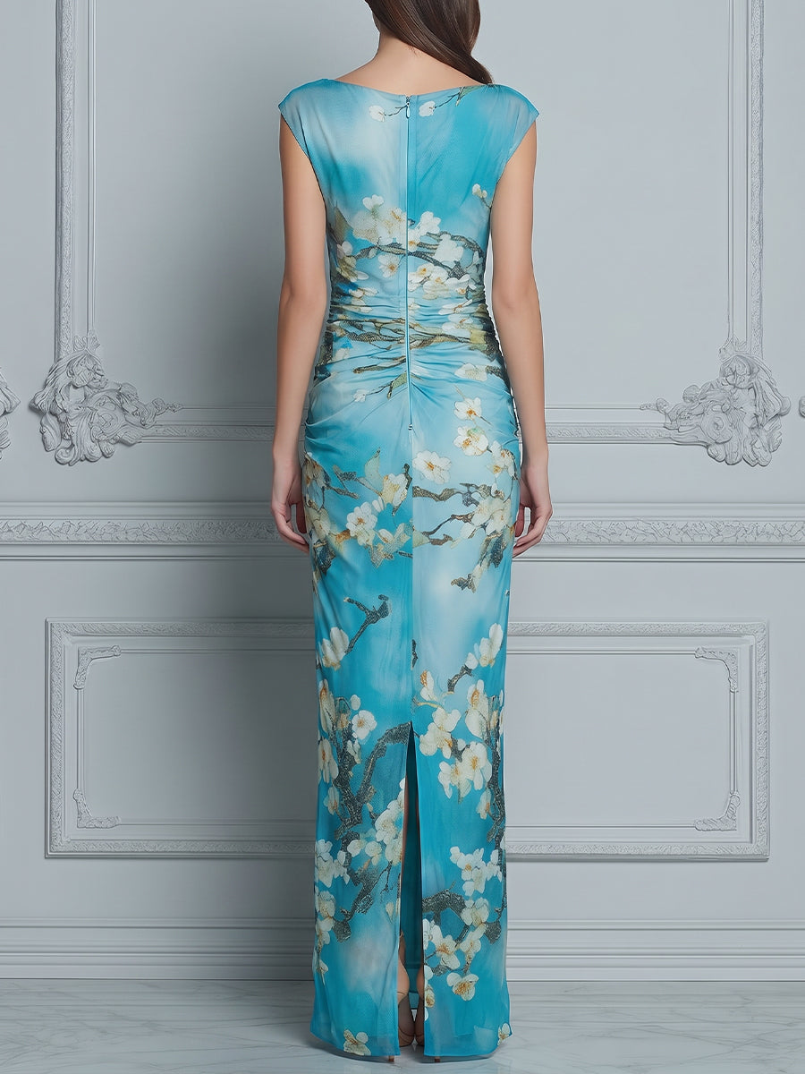 Draped Cowl Neck Floral Bodycon Maxi Dress