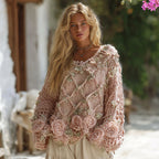Women's Boho Rose Chunky Knit Crew Neck Aran Sweater