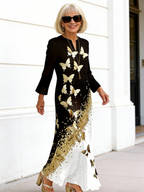 Butterfly Print Long-sleeved Dress Pocket Temperament Round Neck Suspender A-shaped Long Dress
