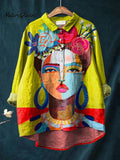 Oil Painting Freda Portrait Art Printed Women's Casual Cotton And Linen Shirt