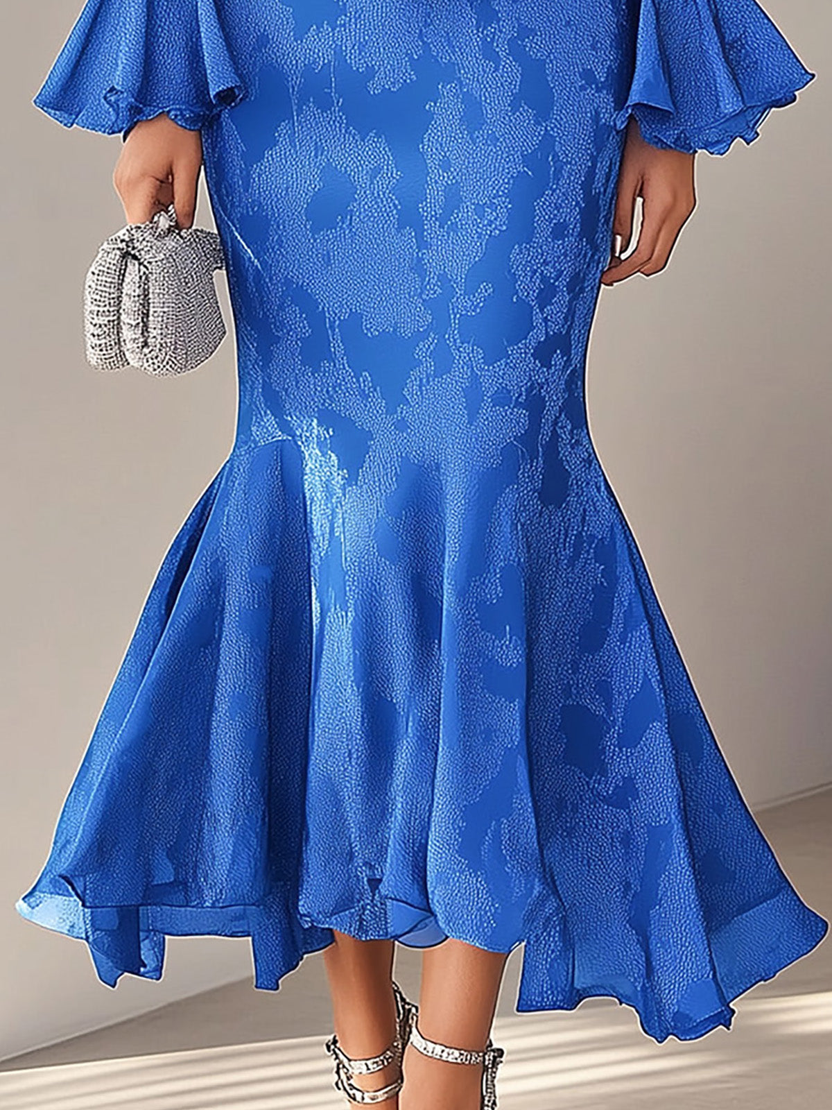 Elegant Blue Satin Jacquard Trumpet Sleeve Dress