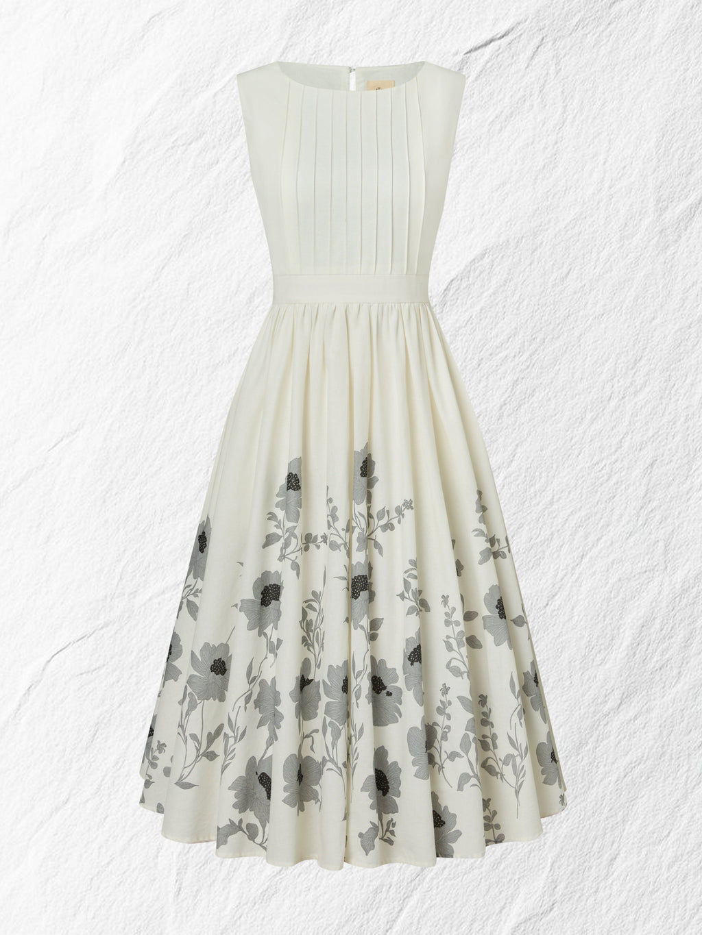 Midi Linen Dress , Sleeveless, Round Neck, Floral, Vacation, Vintage, White