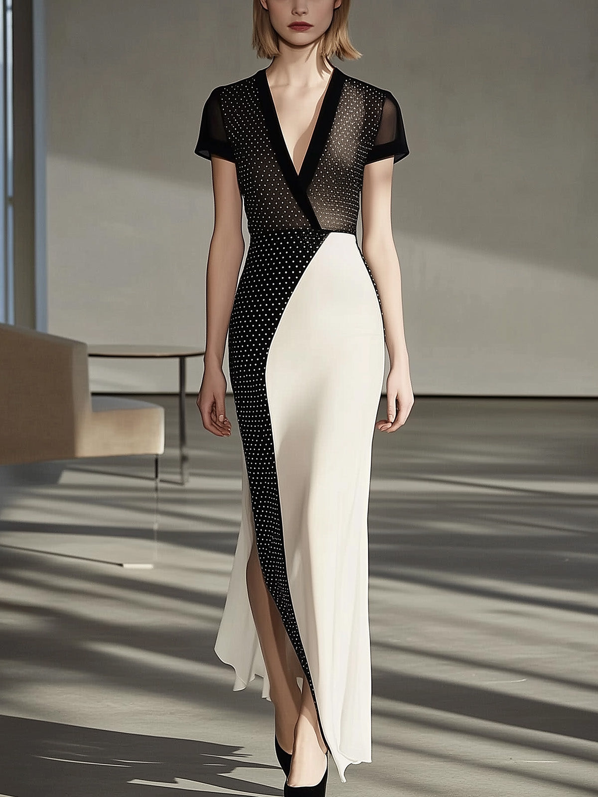 Elegant Black Polka Dot Mesh Sleeve Dress