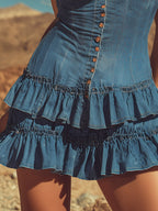 Chic Retro Lace-Up Strap Blue Denim Ruffled Sleeveless Mini Dress
