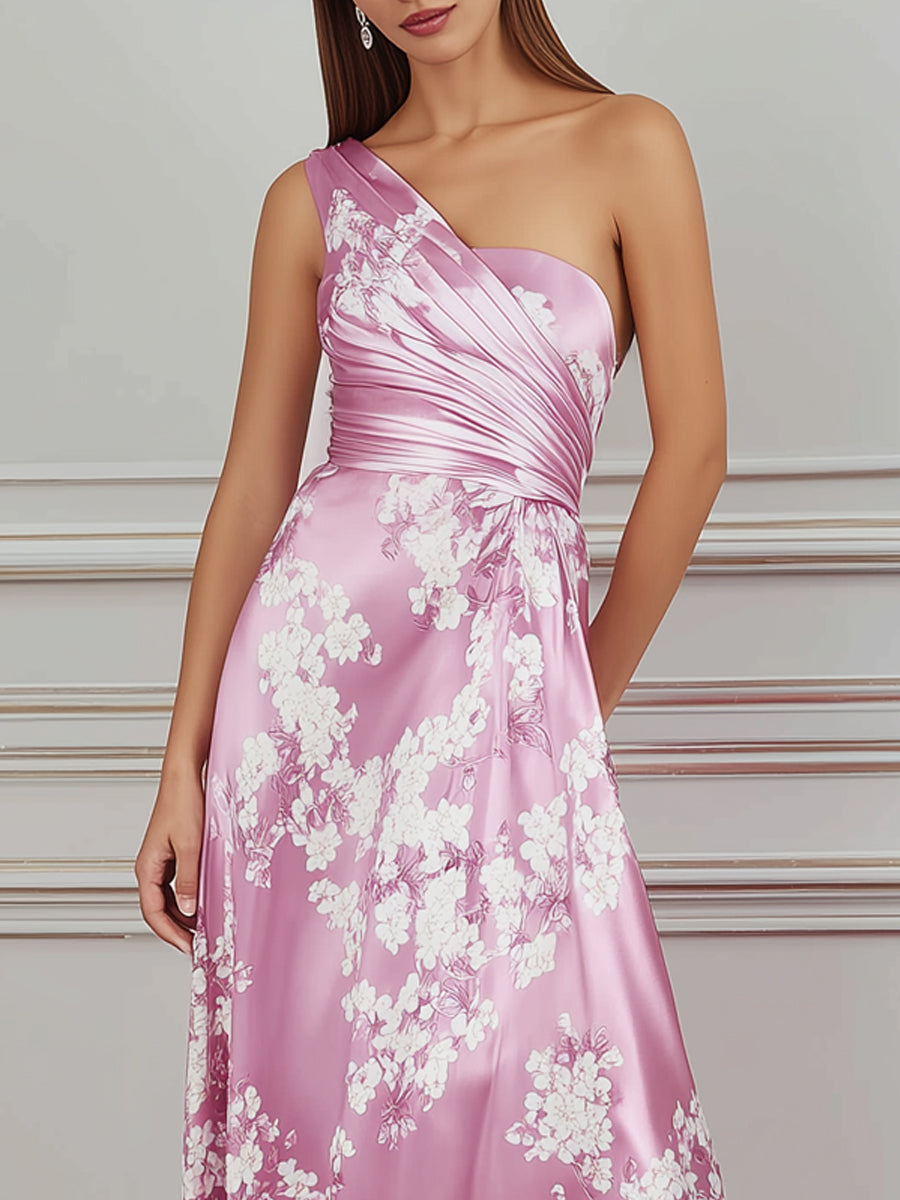 Blush Pink Cherry Blossom Print Satin Maxi Dress
