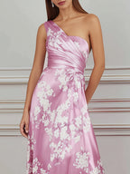 Blush Pink Cherry Blossom Print Satin Maxi Dress