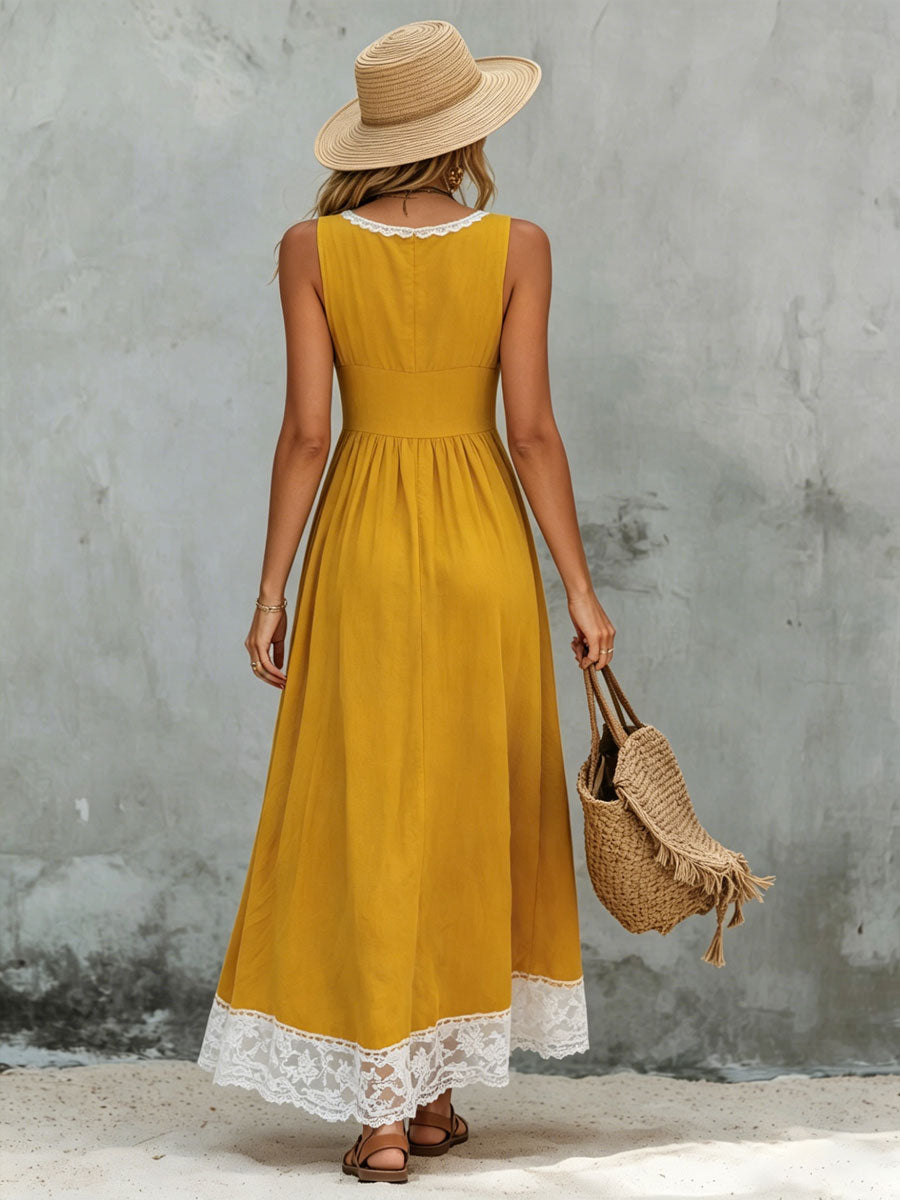Color-blocked V-neck Lace-trimmed Cotton And Linen Sleeveless Maxi Dress