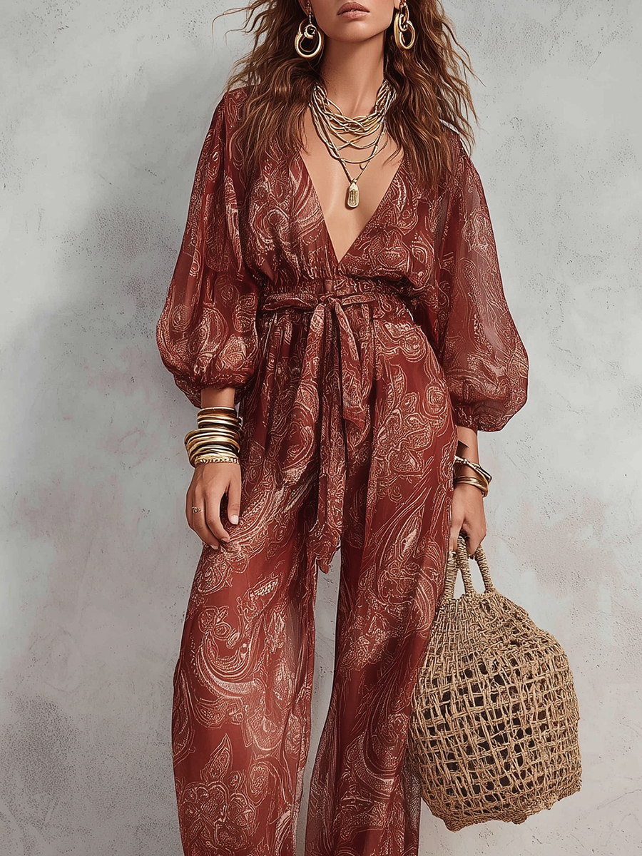 Brick Red Paisley Print Jumpsuit