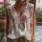 Bohemian Three-dimensional Pink Floral Sequin Sleeveless Top