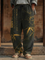 Men's Vintage Bamboo Calligraphy Art Print Linen Blend Pants
