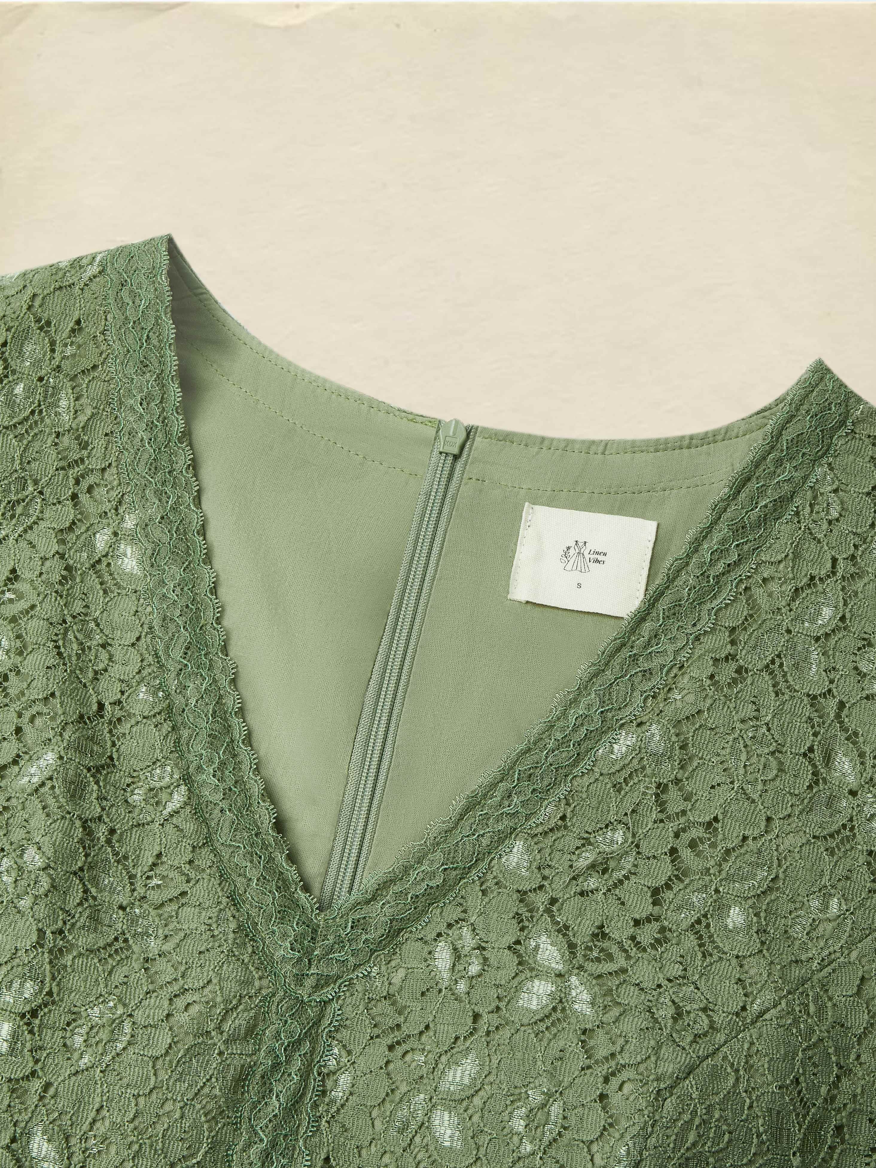 Midi Linen Dress , Half Sleeve, V Neck, Plain, Lace, Vintage, Army Green