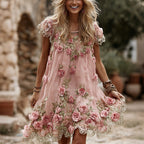 Women's Vintage Roses Lace Art  Flowy Linen Blend Casual Short Sleeve Mini Dress