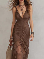Bohemian Ruffle Ruched Sheer Chiffon Maxi Dress