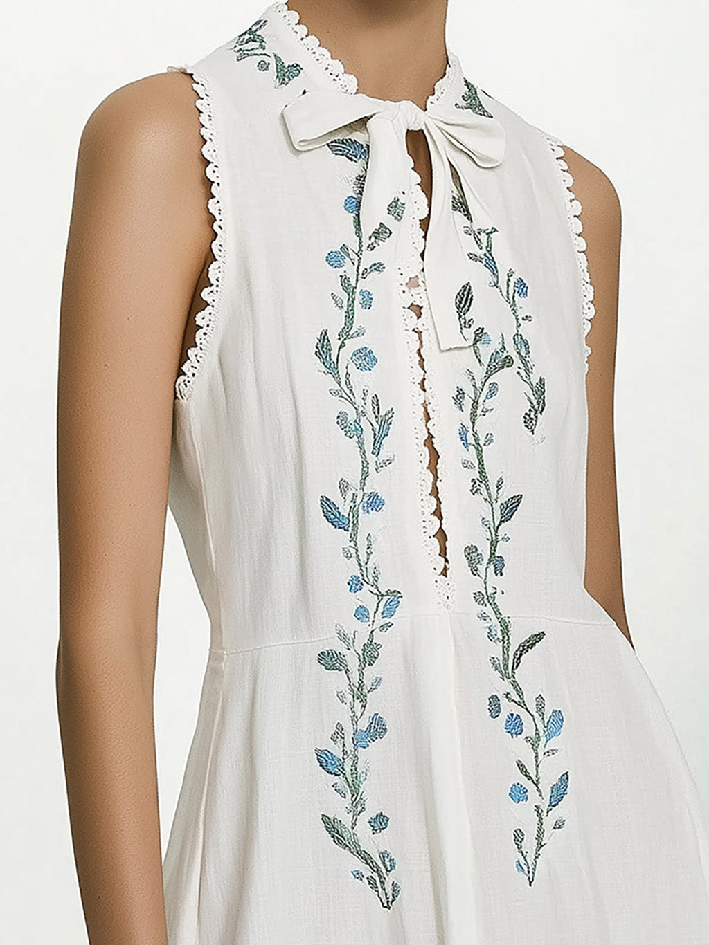 White Sleeveless Linen Dress with Embroidered Front