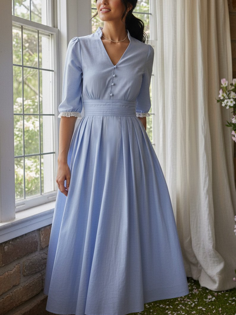 Midi Cotton Dress, Half Sleeve, V Neck, Plain, Lace, Vintage, Blue