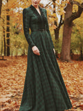 Maxi Linen Dress, Long Sleeves, V Neck, Plaid, Lace, Vintage, Deep Green