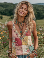 Vintage Floral Patch Art Linen Tank Top