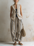 Linen Vest & Striped Harem Pants Two-Piece Casual Set (Inner Top Not Included)