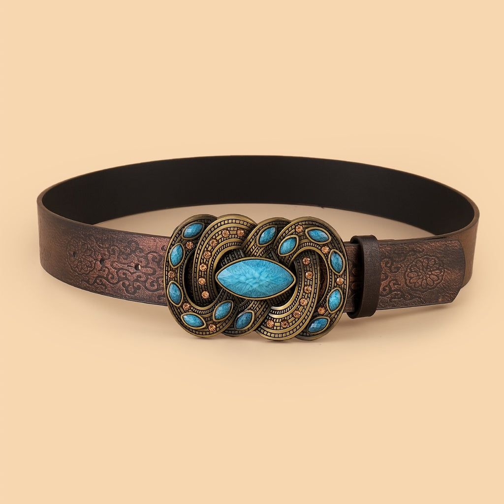 Vintage Print Belt Imitation Turquoise Belt Vintage Waist Belt Western Style Cowboy PU Leather Belt For Jeans Pants Dress Waist Belt