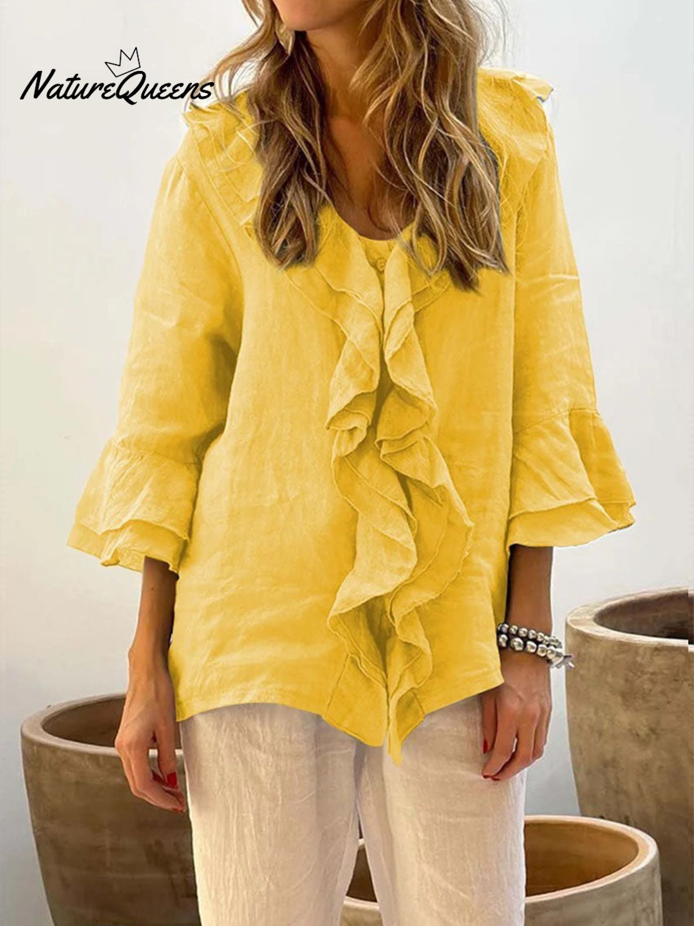 Women's Ruffles Casual Cotton And Linen 3/4 Sleeves Shirt