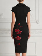 Black Cowl Neck Red Floral Print Bodycon Midi Dress