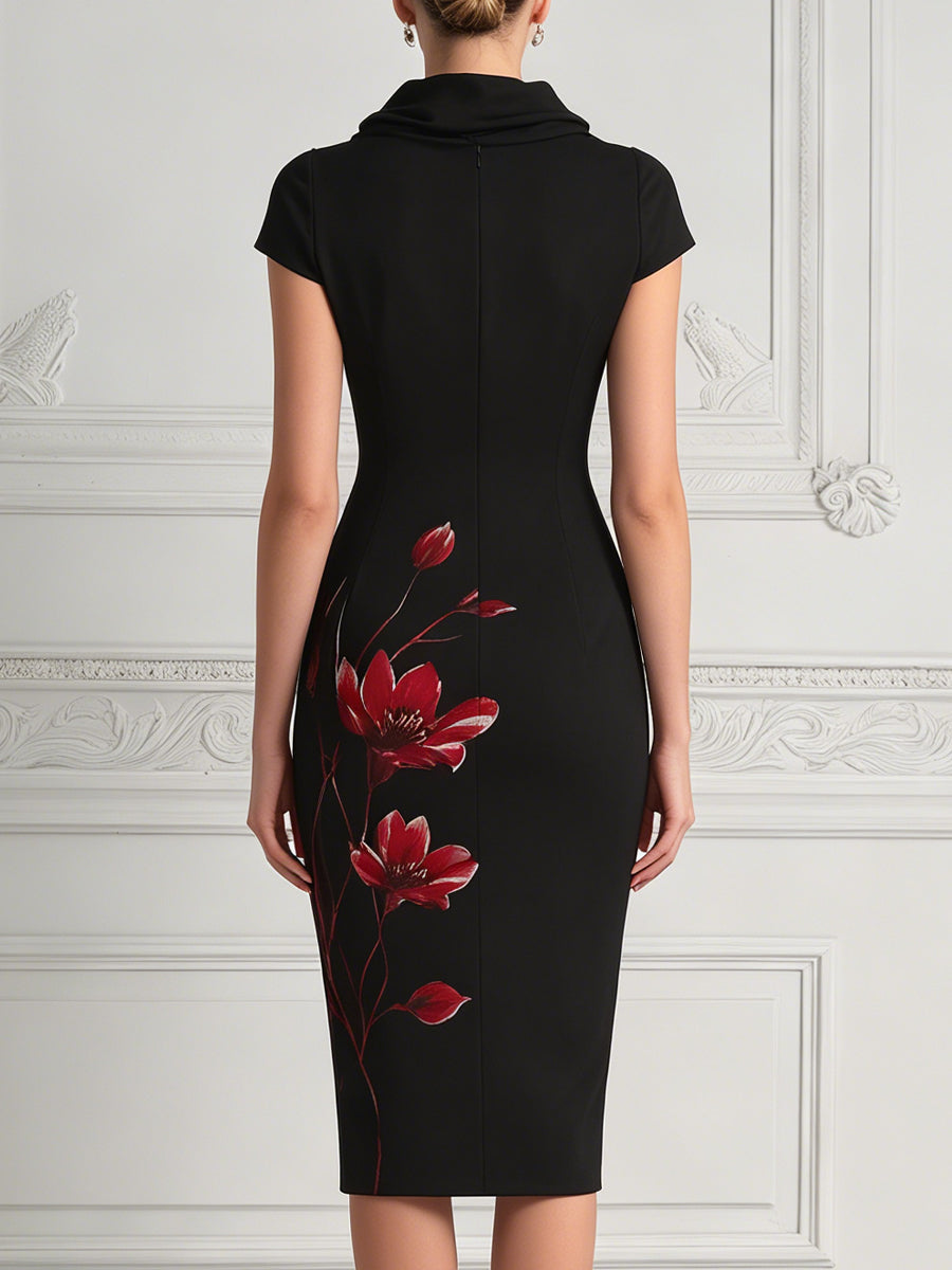 Black Cowl Neck Red Floral Print Bodycon Midi Dress