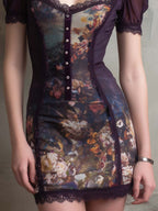 Vintage Lace Trim Oil Painting Style Chiffon Mini Dress