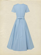 Maxi Linen Dress, Short Sleeves, V Neck, Plain, Lace, Vintage, Blue