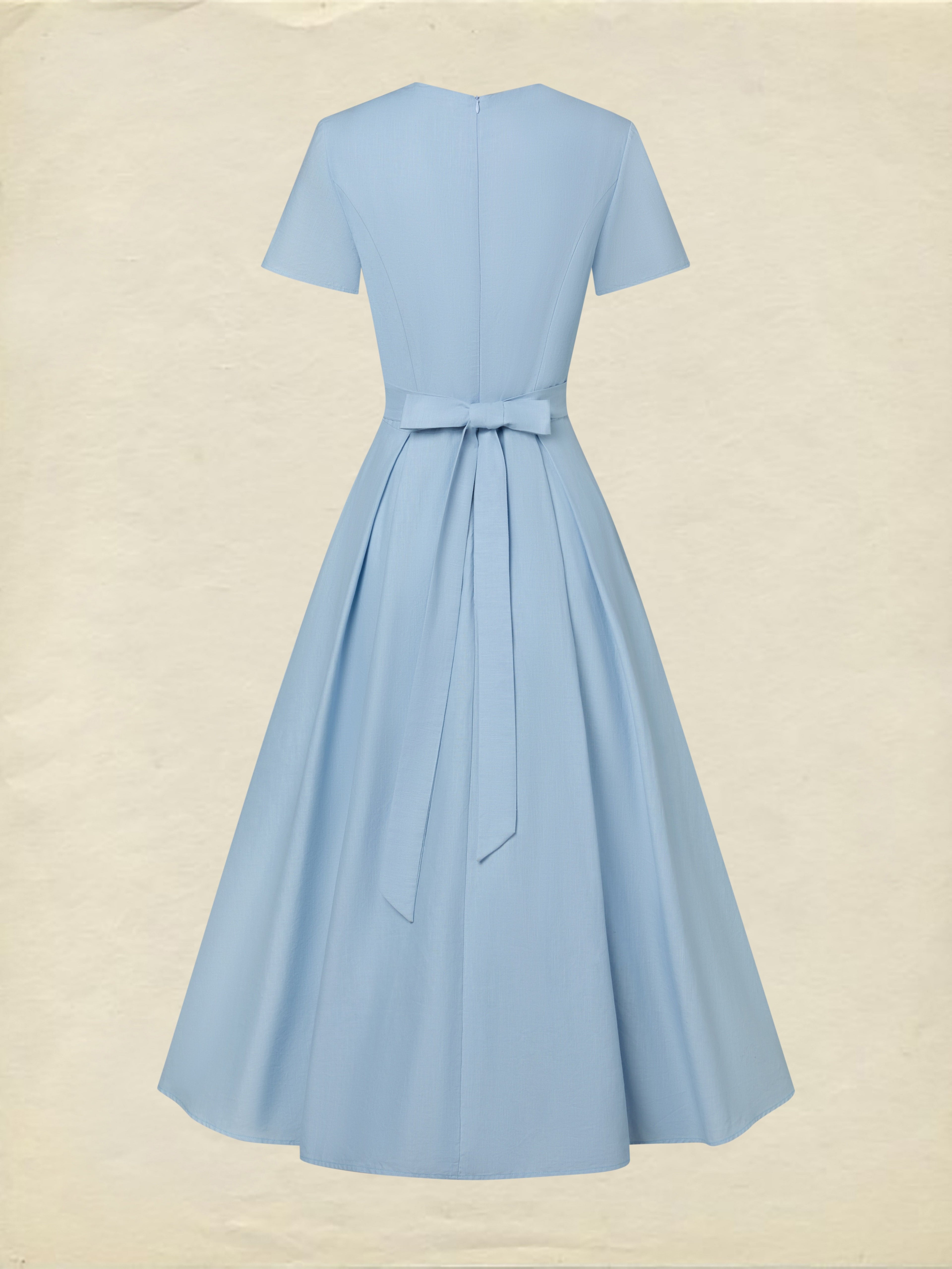 Maxi Linen Dress, Short Sleeves, V Neck, Plain, Lace, Vintage, Blue