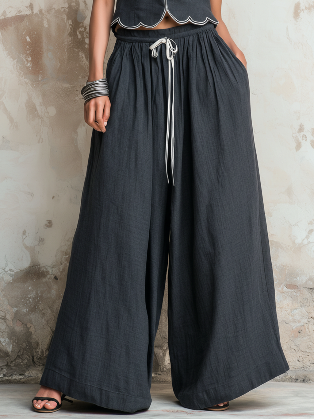 Charcoal Scallop Trim Sleeveless Top & Drawstring Wide-Leg Linen Co-ord Set