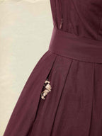 Midi Cotton Dress, Long Sleeves, One Shoulder, Plain, Belt Design, French Vintage, CAMEO BROWN