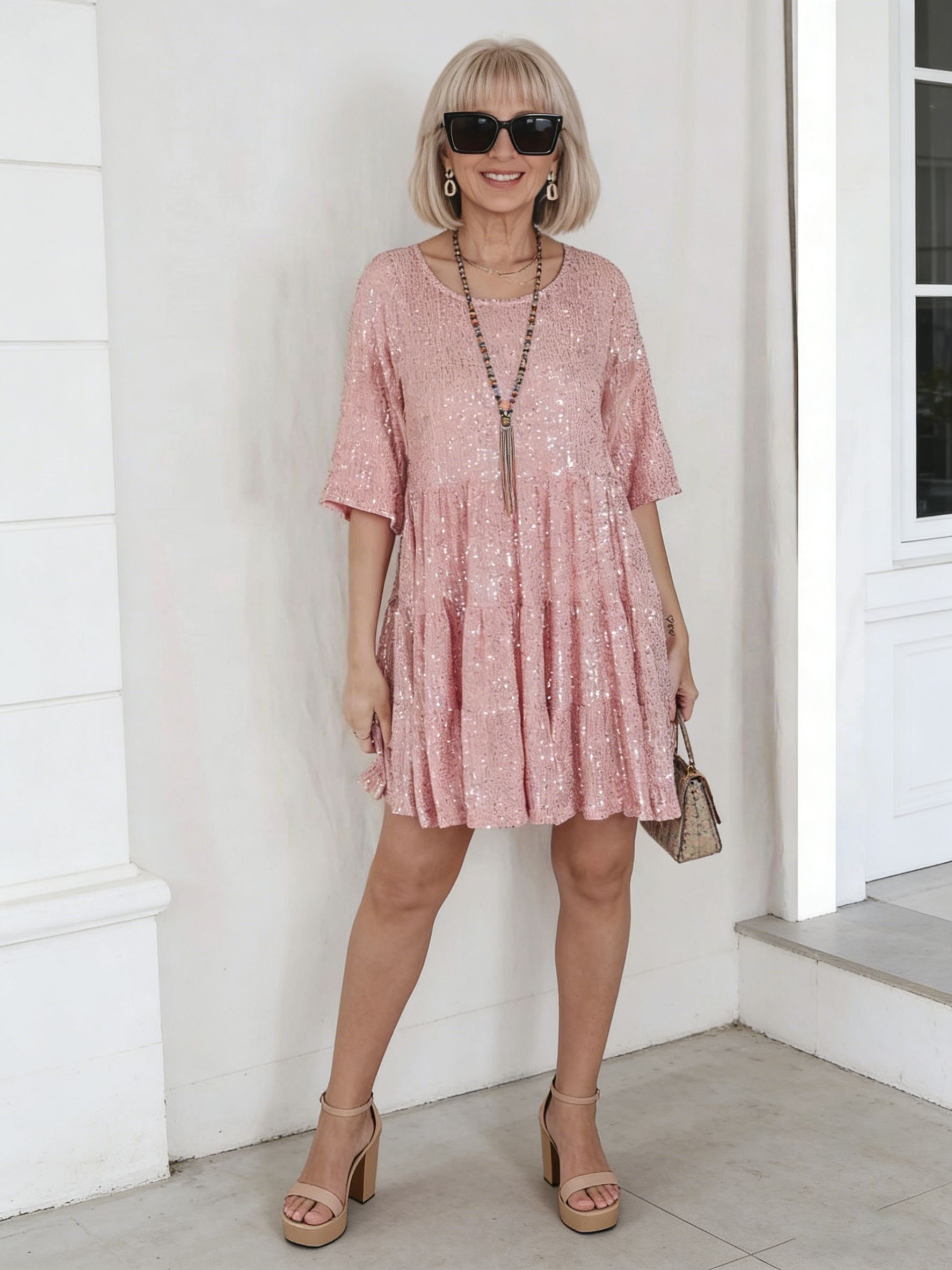 Solid Color Fashion Sequin Crew Neck Loose Waist Short Sleeve Dress Banquet Dress