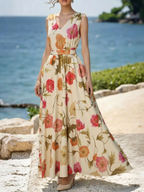 Maxi Cotton Dress, Sleeveless, V Neck, Floral, Belt Design, Vacation, Vintage, Apricot