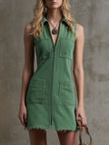 Casual Retro Zipper Sleeveless Green Denim Frayed Mini Dress