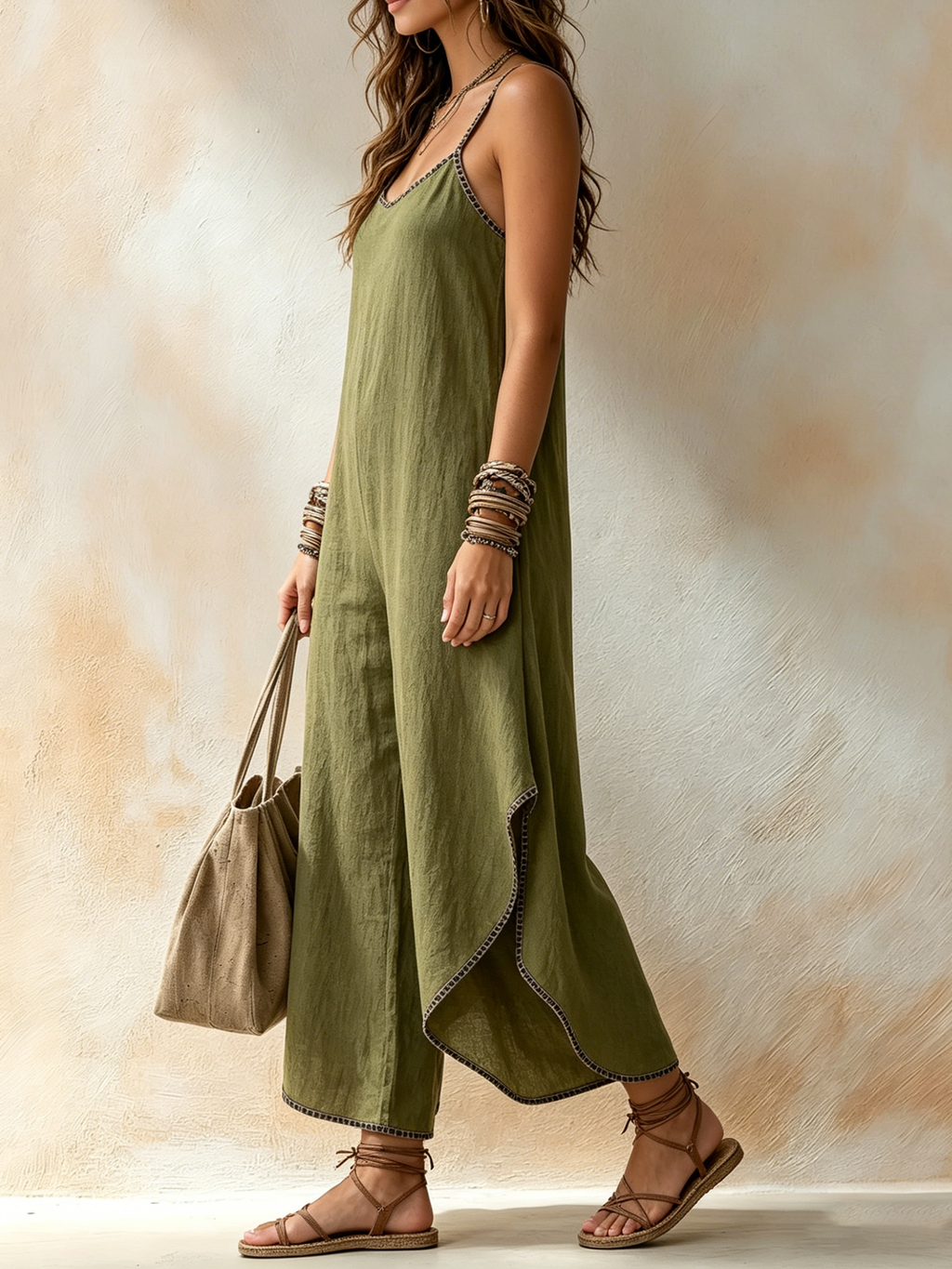 Olive Green Linen-Blend Contrast Stitch Wide-Leg Harem Jumpsuit