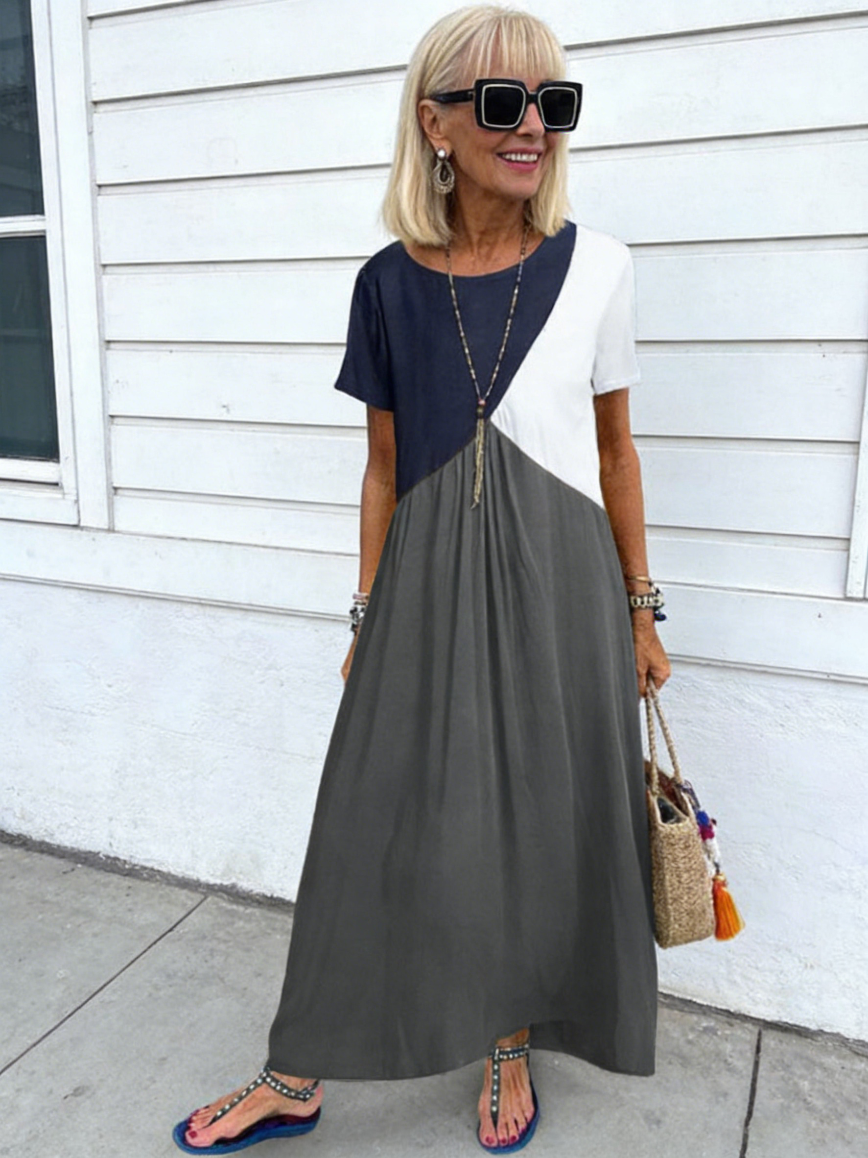 Splicing Short Sleeve Dress Long Dress