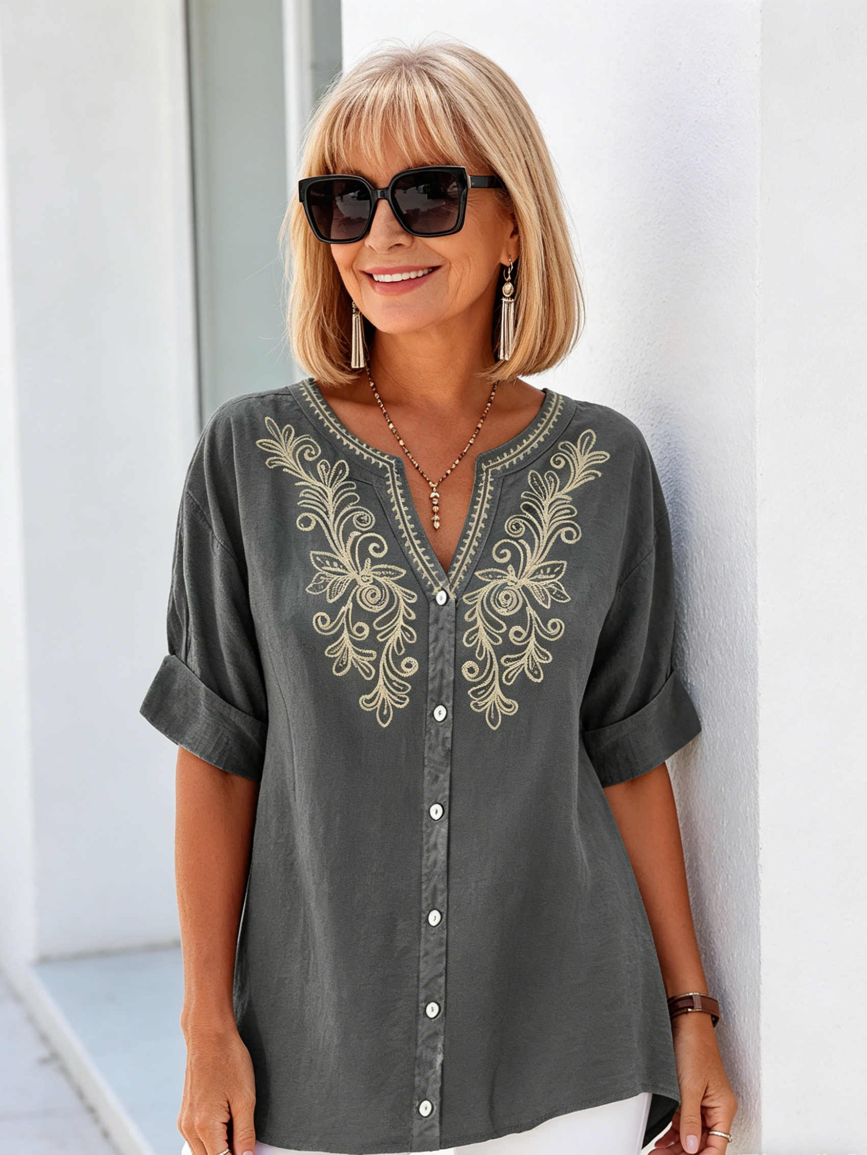Embroidered Cotton and Linen Shirt Women's Solid Color Loose and Thin Five-quarter Sleeve Light Shirt