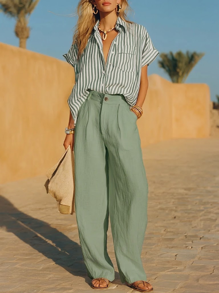 Casual Linen And Cotton Striped Shirt And Solid-color Trousers Two-piece Set