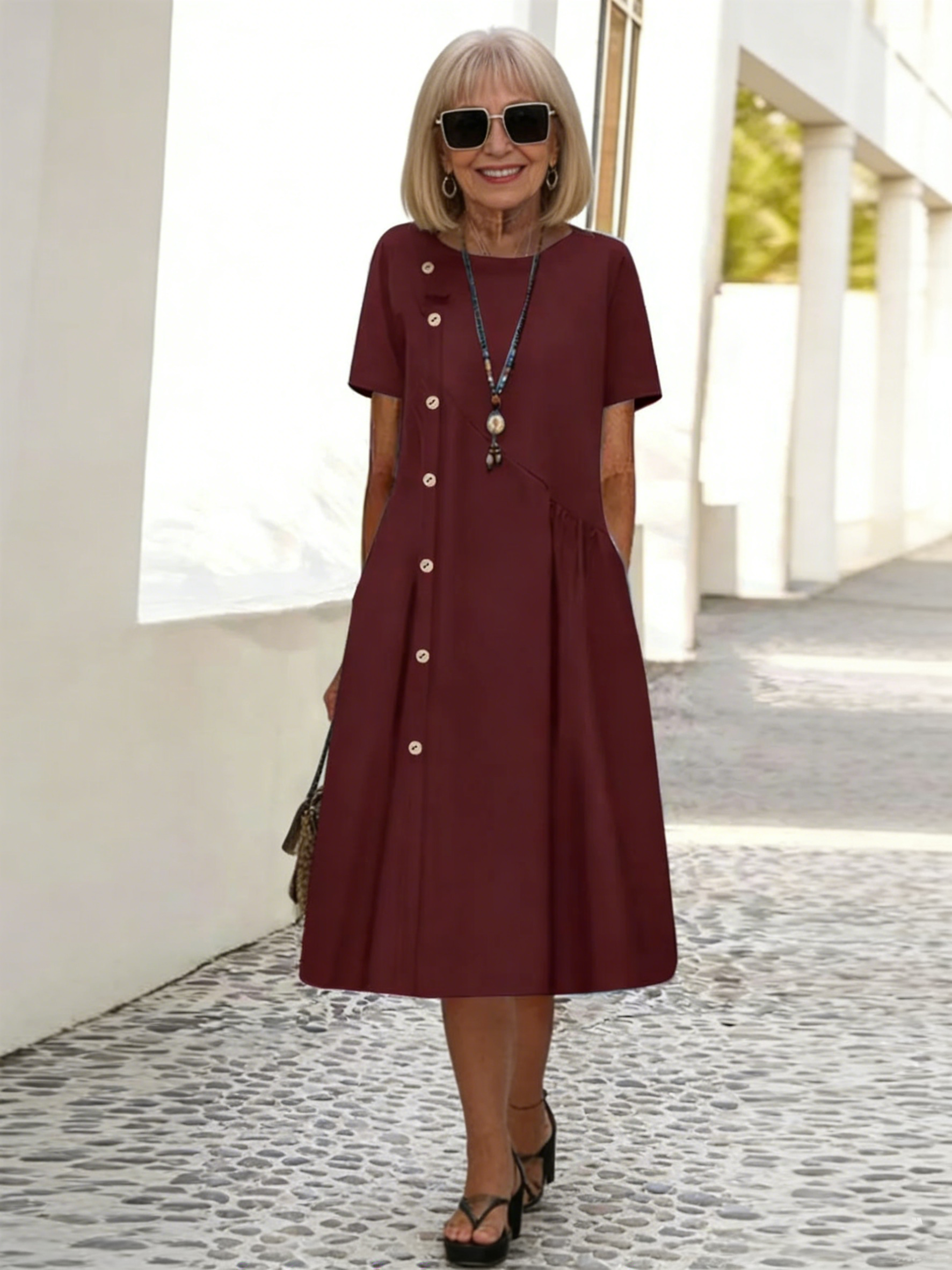 Dress Casual Button Trim Shrink Pocket Medium Long Dress