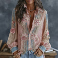 Women's Vintage Spring Floral Embroidered Art Print Flowy Linen Blend Casual Shirt