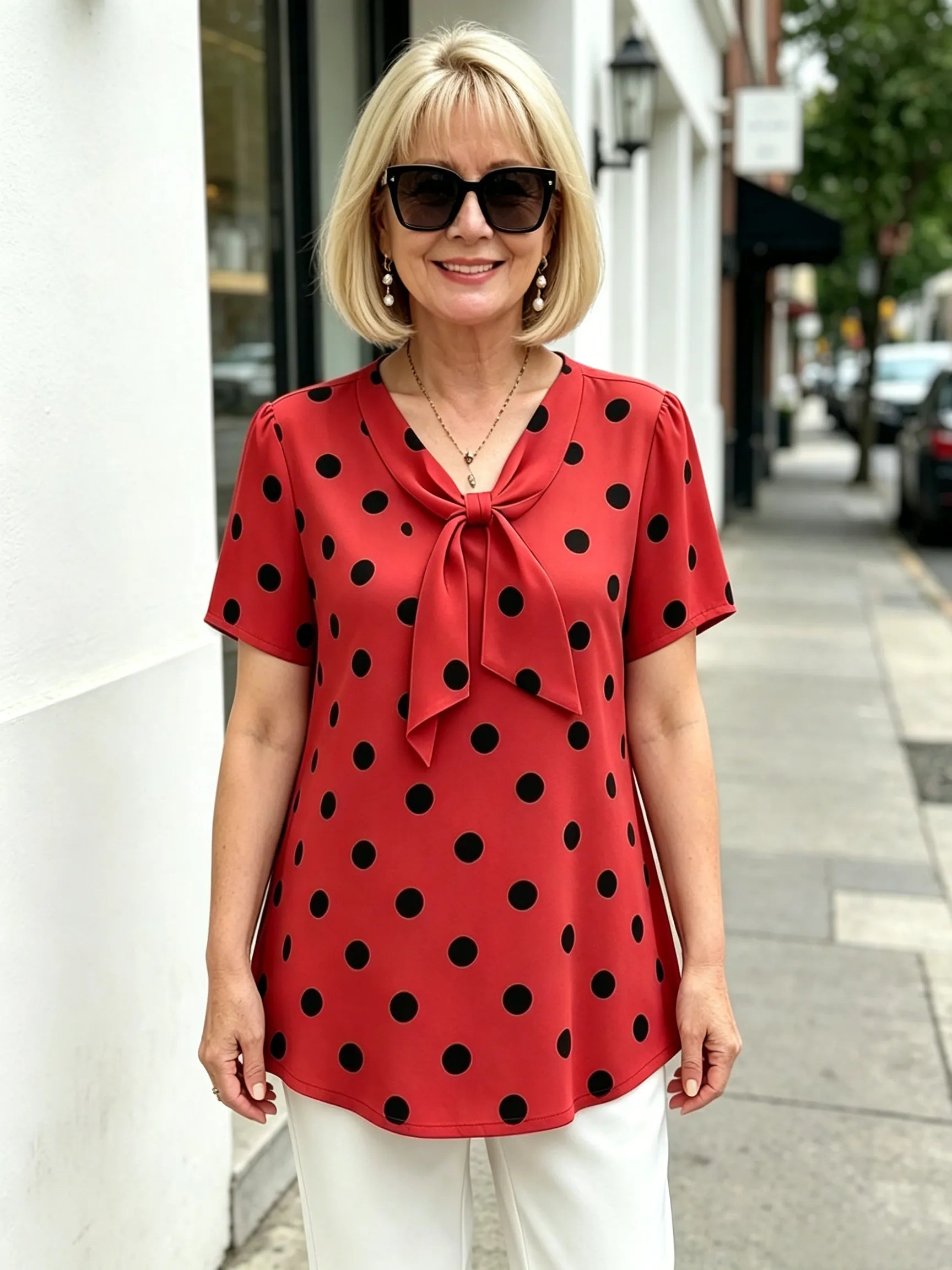 Yellow Polka Dot Chiffon Blouse, V Neck Front Tie Short Sleeve Loose Tummy Concealing Shirt for Mature Women