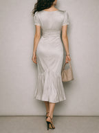 Vintage Satin Mermaid Midi Dress With Lace Trim