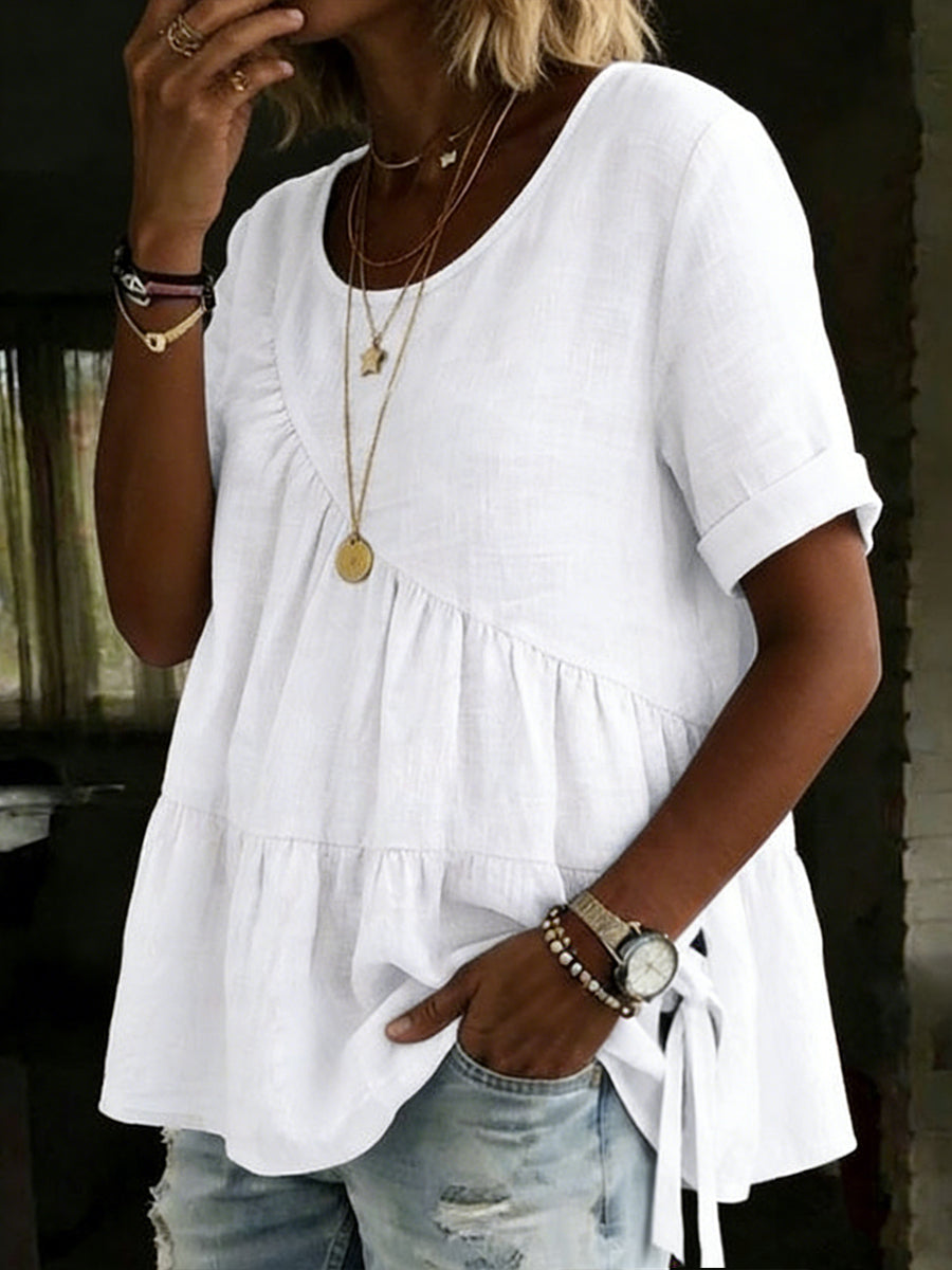 Women's Round Neck Cotton Linen Solid Color Loose Short-sleeved Shirt – Side Tether